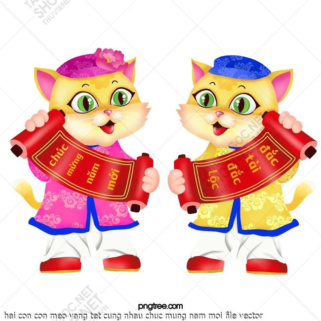 hai con con meo vang tet cung nhau chuc mung nam moi file vector